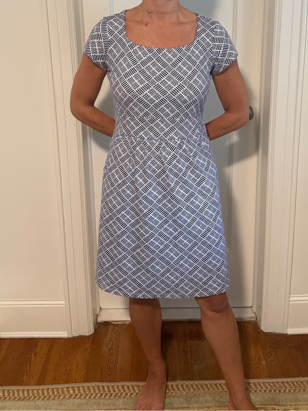 J. McLaughlin Blue and White Geometric Square-Neck Dress